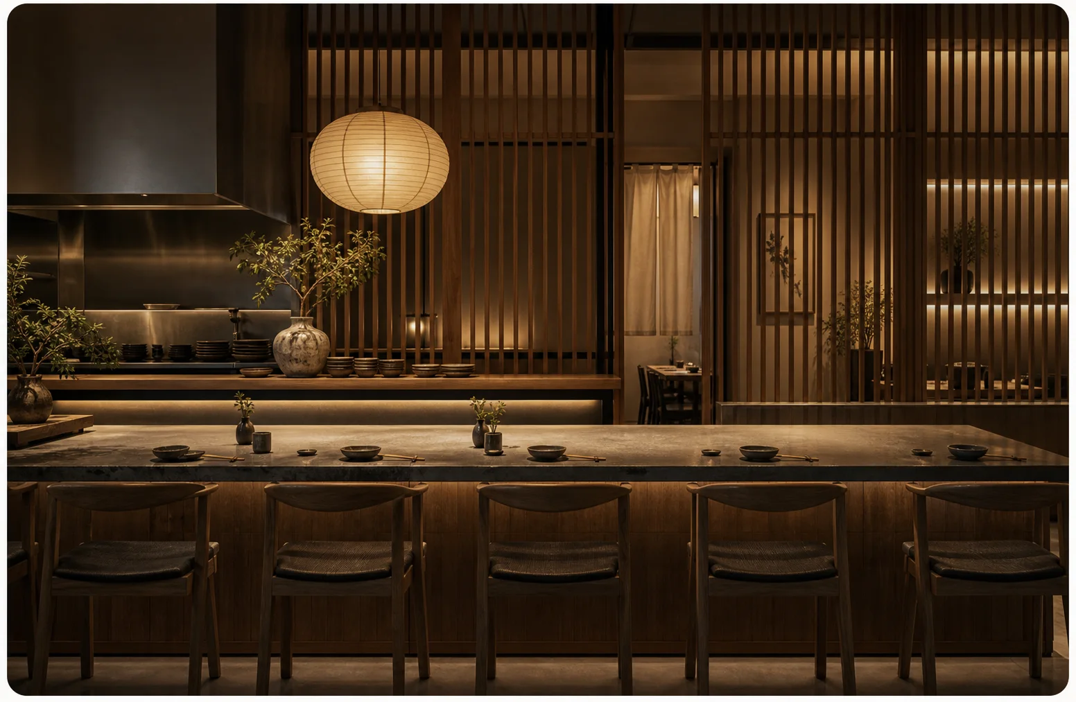 Warm interior design studio project with timber and soft lighting