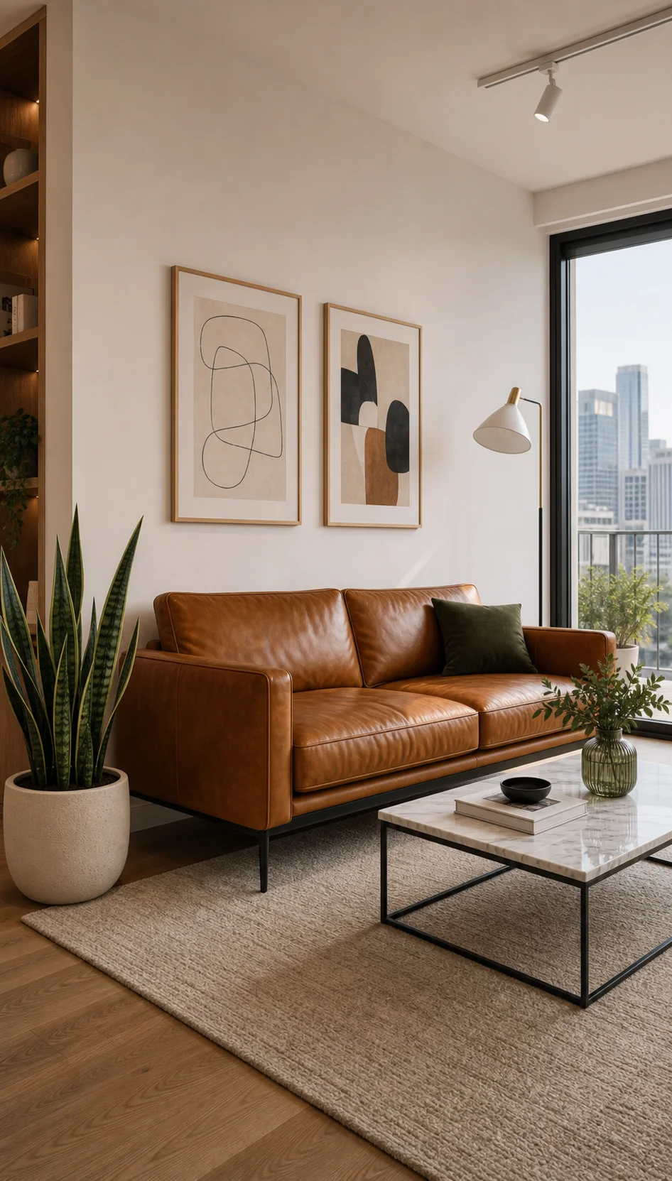 Apartment living room with leather sofa and city view