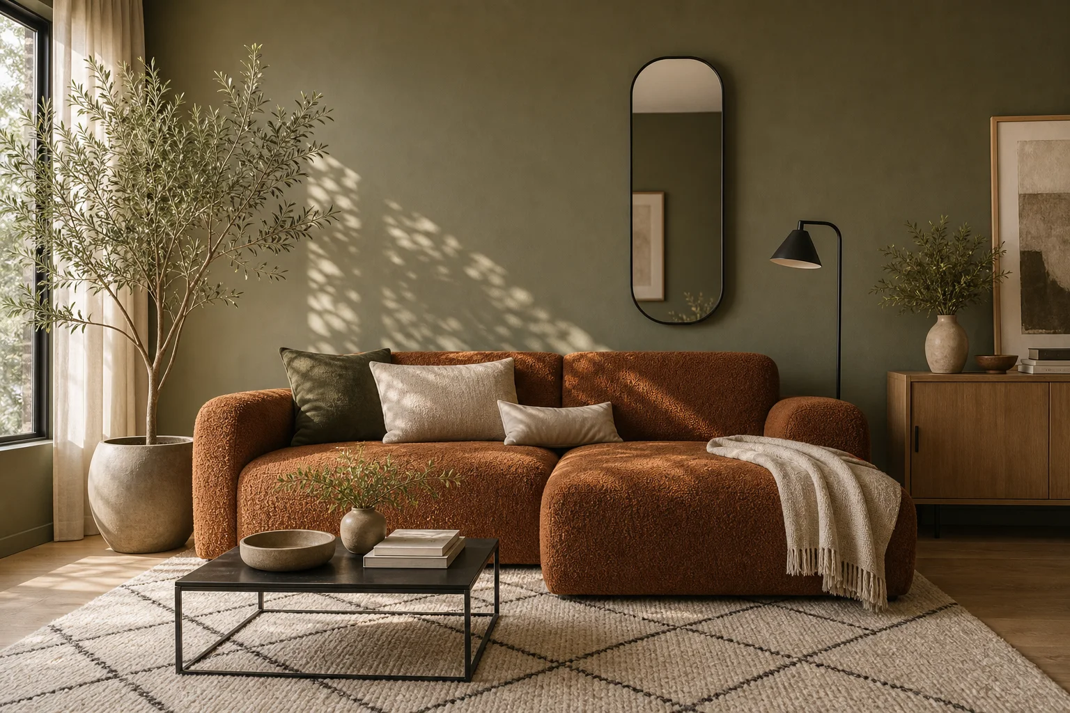 Olive green living room with rust sofa and natural light