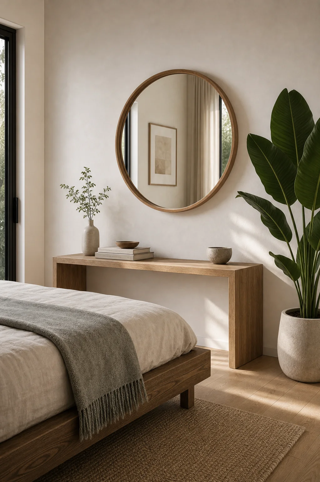 Neutral bedroom with round mirror and timber console