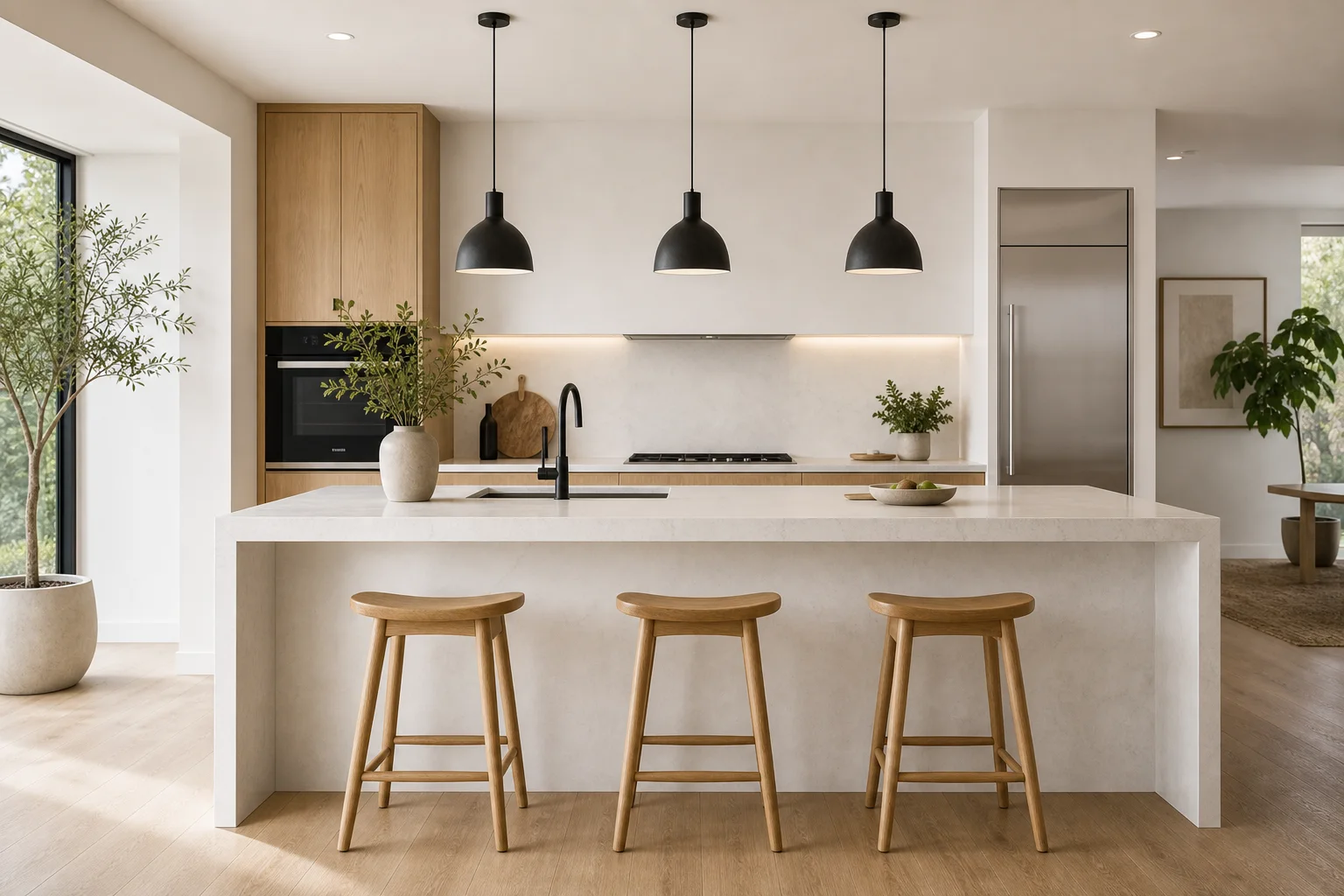 Light kitchen with island bench and pendant lights