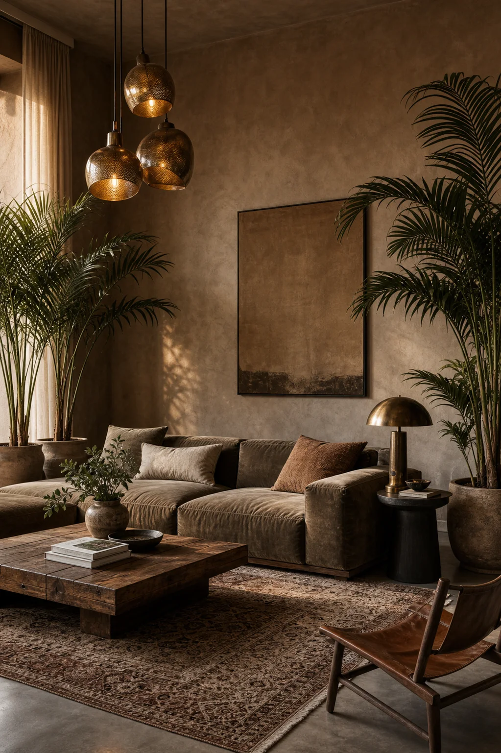 Earth toned lounge with plants and warm lighting