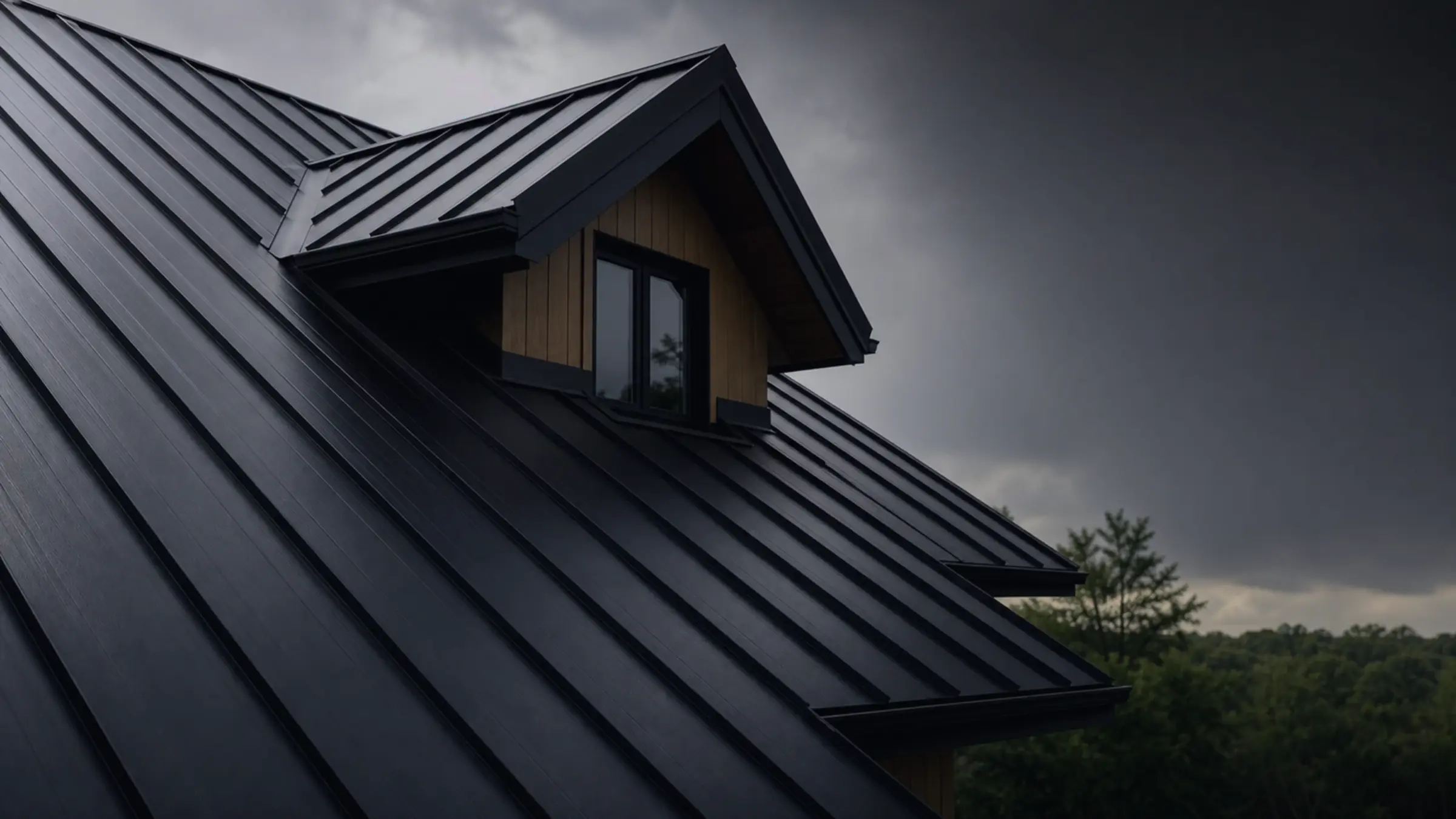 Modern metal roofing project under dark sky