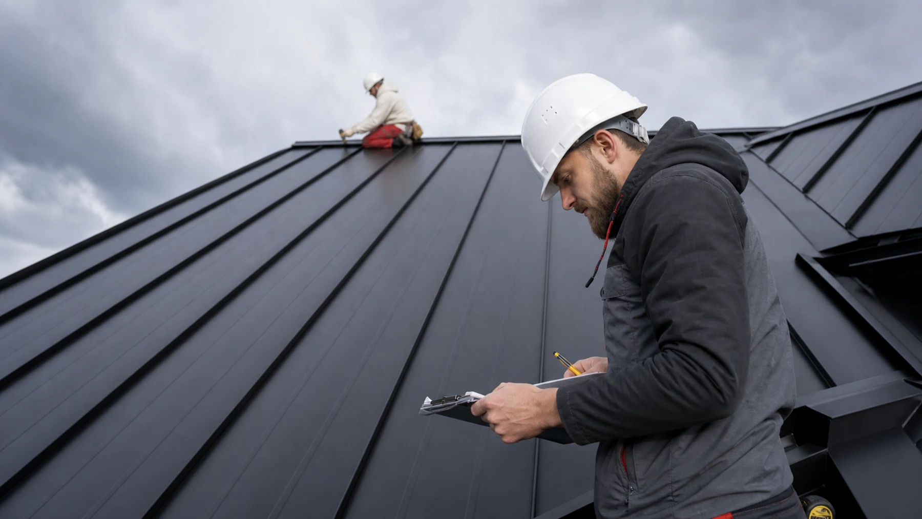 Roofer inspecting roof after storm damage